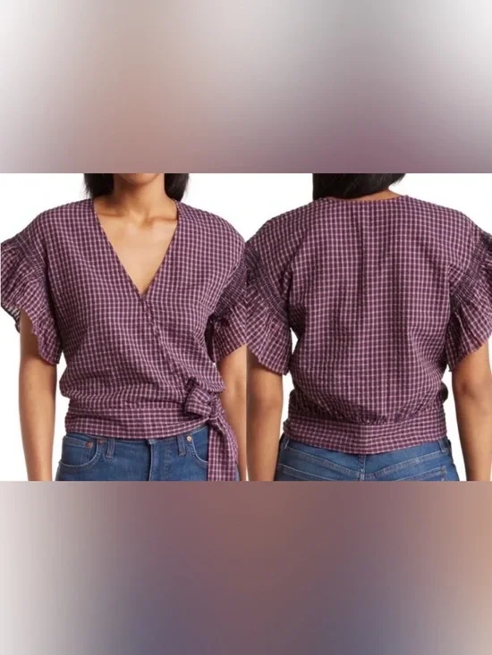 Madewell Wrap Top w Ruffle Sleeves & Red and Blue Gingham design - Picture 2 of 3